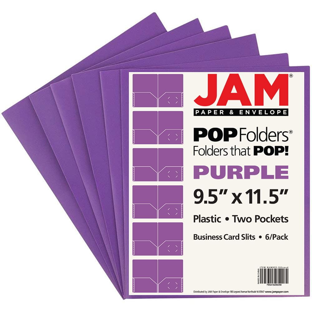 JAM Paper Plastic 2 Pocket School POP Folders, Purple, 6 per Pack