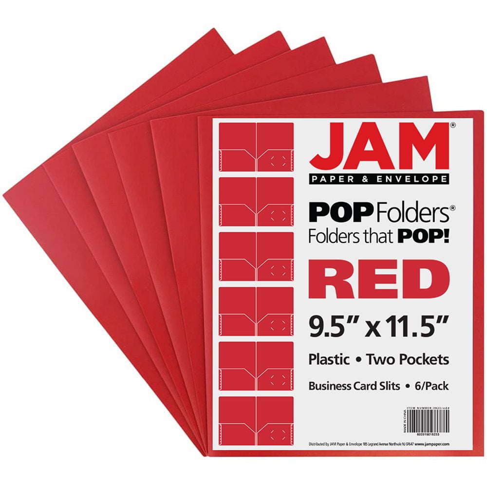 JAM Paper Plastic 2 Pocket School POP Folders, Red, 6 per Pack