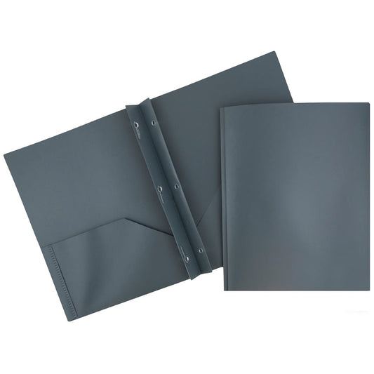 JAM Paper Plastic 2 Pocket School POP Folders with Metal Prongs Fastener Clasps, Grey, Bulk 96/Pack