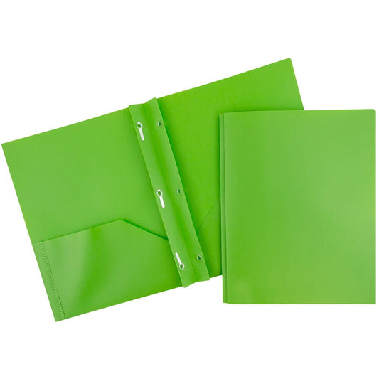 JAM Paper Plastic 2 Pocket School POP Folders with Metal Prongs Fastener Clasps, Lime Green, 3/Pack
