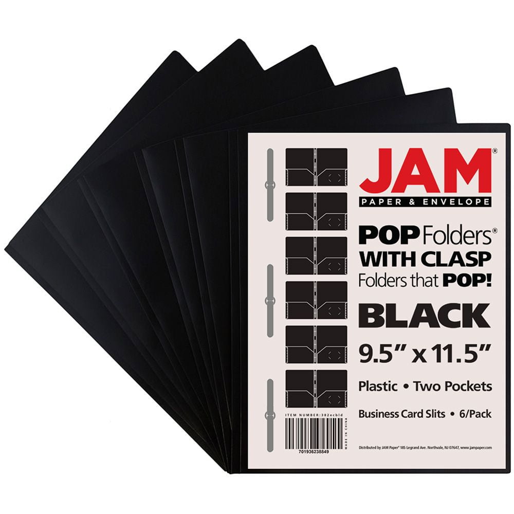 JAM Paper Plastic School POP Folders with Metal Fastener Clasps, Black, 6 per Pack