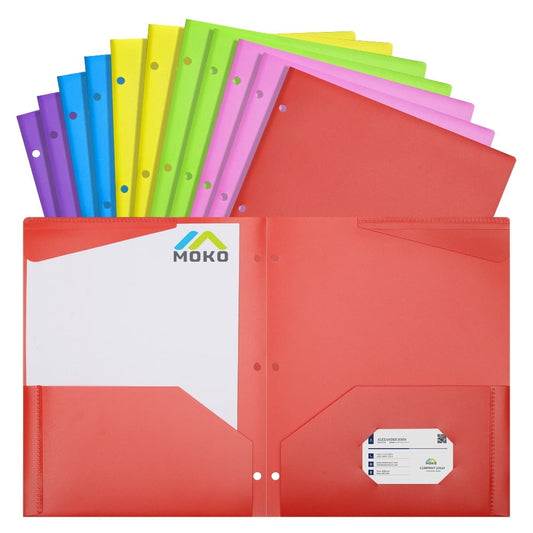 MoKo 12pcs Durable Pocket Folders, 3 Hole Punch Presentation Letter Size Folders, Multicolor