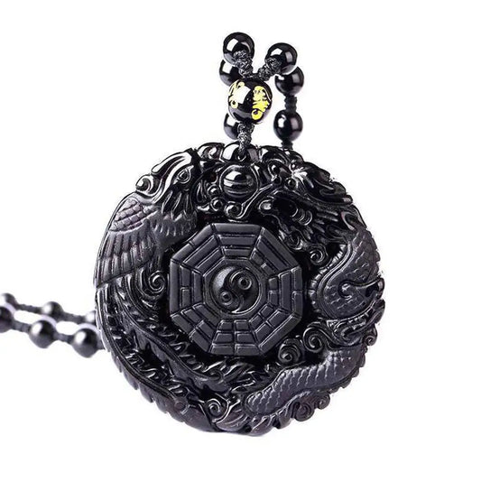 Natural Black Obsidian Hand-Carved Chinese Dragon Phoenix Amulet – BaGua Necklace for Men & Women