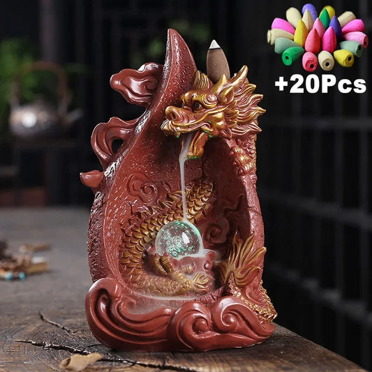 LED Dragon Backflow Incense Holder – Waterfall Smoke Burner + 20 Backflow Cones | Aromatherapy Home Decor Ornament