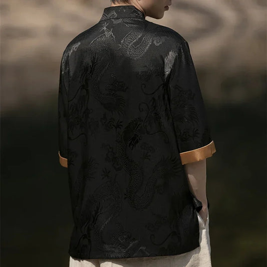 High-Quality Summer Chinese Traditional Dragon Embroidery Shirt – Men’s Ice Silk Half Sleeve Vintage Top | Plus Size Available
