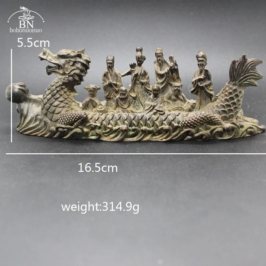 Antique Copper Dragon Boat Eight Immortals Statue – Desktop Ornament, Feng Shui Figurine & Home Decor Accessory