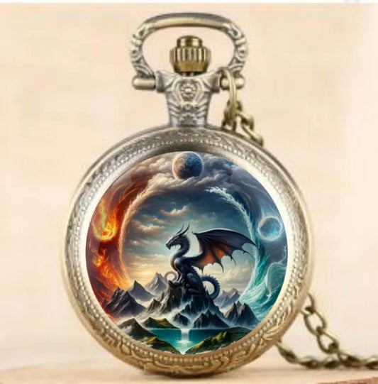 Vintage Multi-Color Dragon Animal Design Necklace Pendant Quartz Pocket Watch – Stylish & Exquisite for Men & Kids
