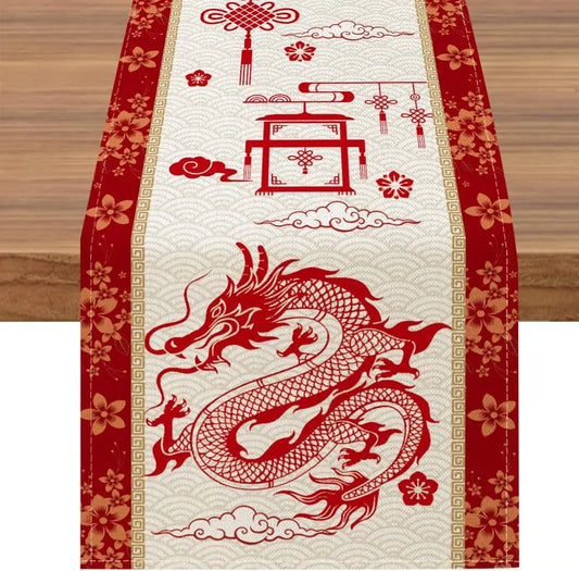 Spring Festival Year of Dragon Linen Table Runner – Happy Chinese New Year 2024 Dining & Party Decoration