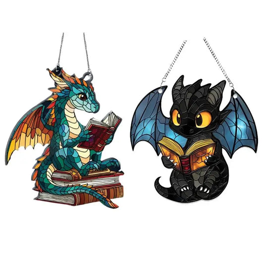 2D Stained Acrylic Dragon Sun Catcher – Book Dragon Light Catcher for Window, Wall, or Christmas Tree Decoration