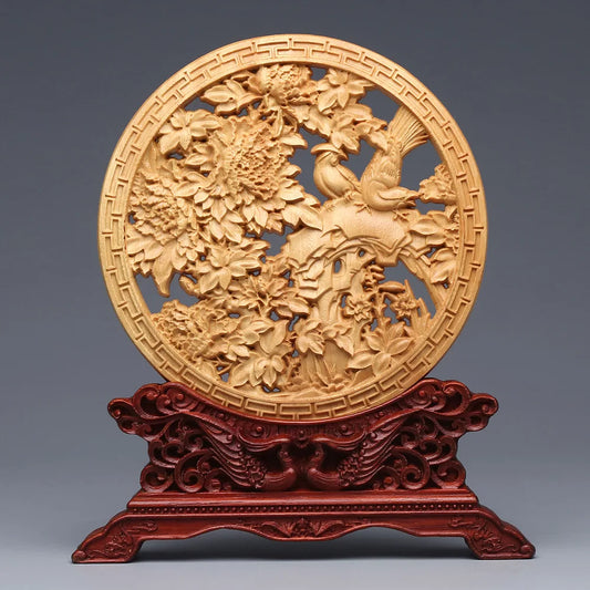 Wood Carving Dragon and Phoenix Round Art Statue – High-Quality Home & Office Decoration Mascot