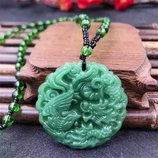 Green Jade Dragon & Phoenix Cross Pendant
