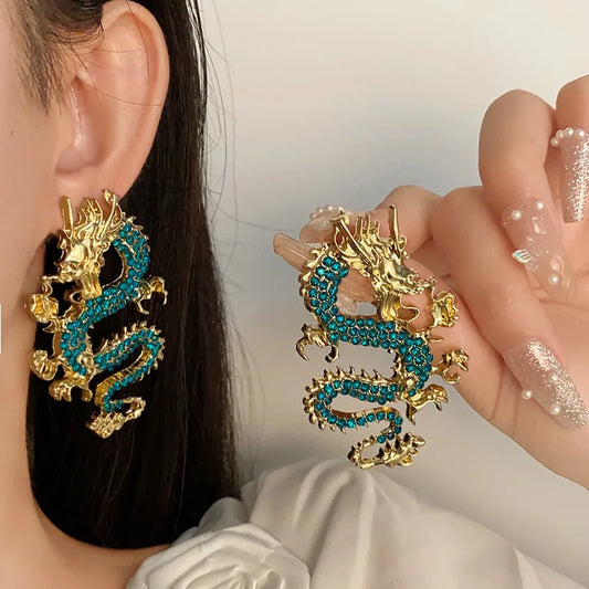 Inlaid Rhinestone Dragon Earrings