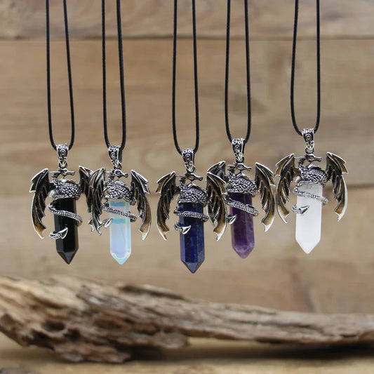 Quartz Dragon Man Necklace – Gemstone Healing Crystal Hexagonal Pendant for Men & Women