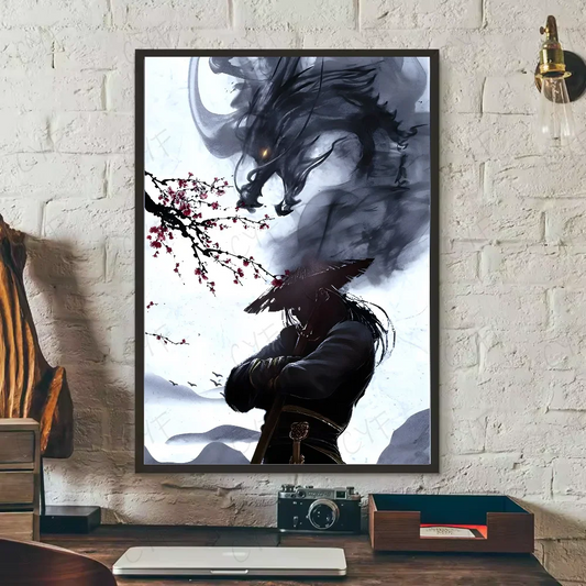 Asian Ink Style Dragon & Shadow Waves Art Poster – HD Waterproof Wall Sticker for Home & Bar Aesthetic Decoration