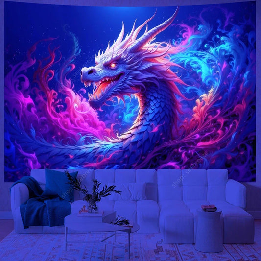 Psychedelic Animal Dragon UV Reactive Tapestry – Hippie Kawaii Wall Hanging & Sofa Blanket Gift