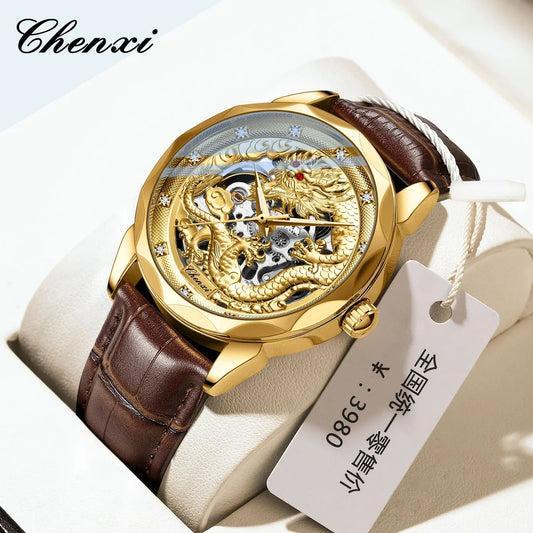 CHENXI 8899 Chinese Nation Culture & Art Watch – 3D Embossed Dragon Pattern Gold Automatic Mechanical Stainless Steel Men’s Watch