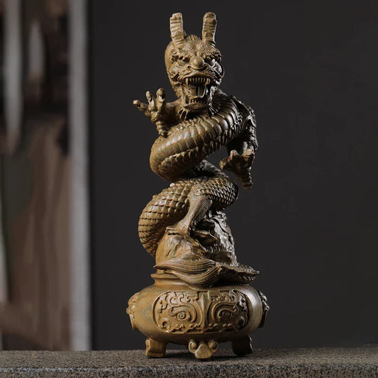 Green Sandalwood Carved Dragon Cauldron Ornament – Chinese Dragon Desk Decor & Opening Gift Craft