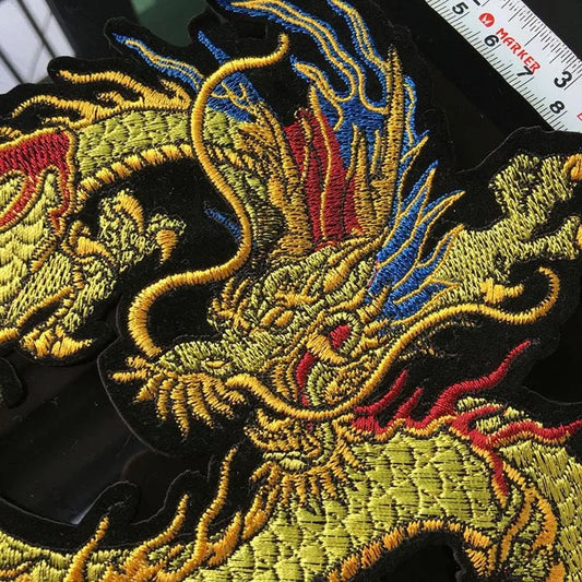 Chinese Style Gold Dragon Embroidery Patch – Flying Dragon Cloth Sticker for Cheongsam & DIY Decoration