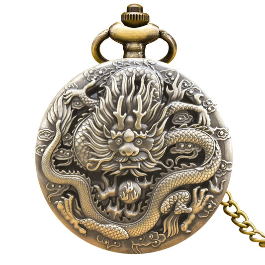 Vintage Bronze Steampunk Oriental Dragon Carved Quartz Pocket Watch – Necklace Pendant with Chain for Men & Women