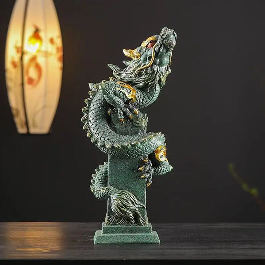 Sandstone Zodiac Panlong Dragon Statue – Chinese Mascot Feng Shui Decor for Home & Office