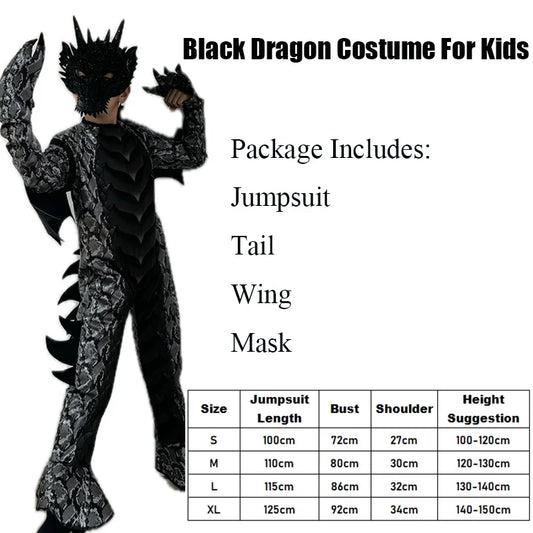 Green & Red Boys Dragon Fire Halloween Costume – Jumpsuit with Wings, Tail & Mask Set (Black & Blue Options)