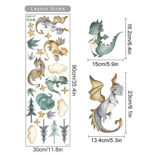 Cartoon Dragon & Clouds Watercolor Wall Stickers