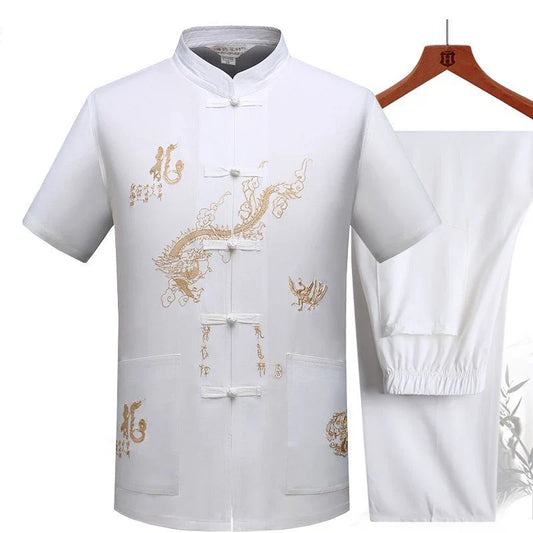 Chinese Traditional Tang Clothing – Mandarin Collar Kung Fu Wing Chun Shirt with Dragon Embroidery (Short Sleeve) M-XXXL