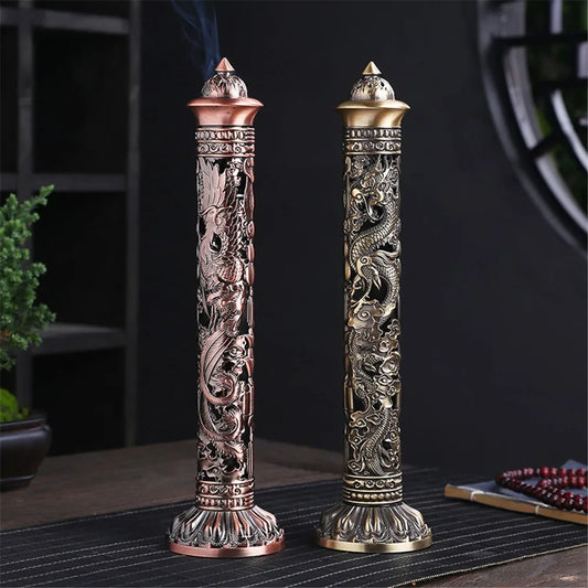 Retro Vertical Incense Burner – Buddha Heart Sutra Dragon & Phoenix Pillar | Metal Incense Stick Holder for Home, Office & Ceremony Decor