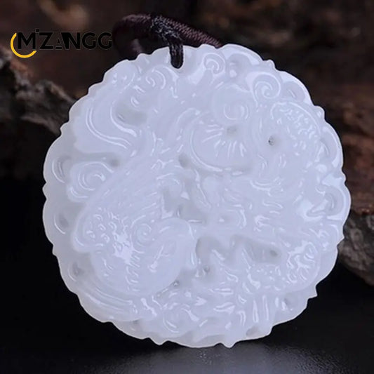 Chinese White Jade Dragon & Phoenix Pendant