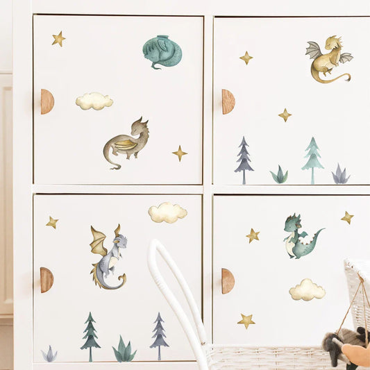 Cartoon Dragon & Clouds Watercolor Wall Stickers