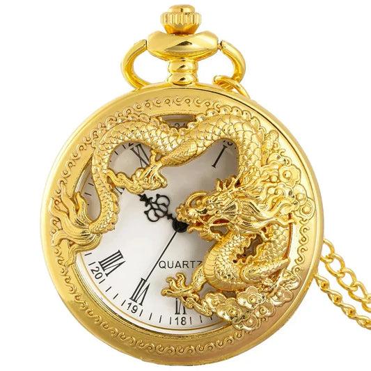 Classic Vintage Pocket Watch – Hollow Carved Chinese Dragon with Roman Numerals Dial Necklace Gift