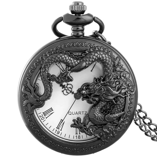 Classic Vintage Pocket Watch – Hollow Carved Chinese Dragon with Roman Numerals Dial Necklace Gift