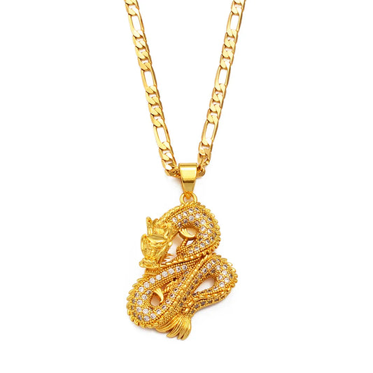 Anniyo Dragon Pendant Necklace – Gold Color Jewelry with Cubic Zirconia for Women & Men