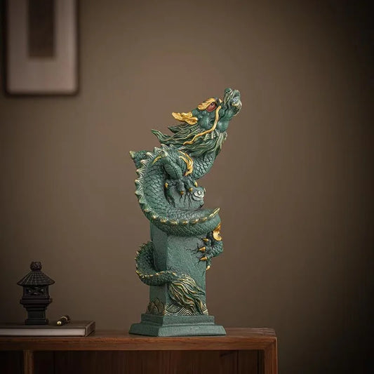 Sandstone Zodiac Panlong Dragon Statue – Chinese Mascot Feng Shui Decor for Home & Office
