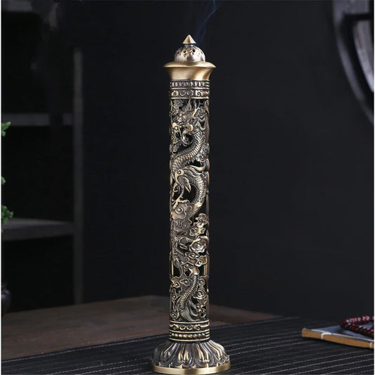 Retro Vertical Incense Burner – Buddha Heart Sutra Dragon & Phoenix Pillar | Metal Incense Stick Holder for Home, Office & Ceremony Decor