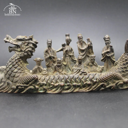 Antique Copper Dragon Boat Eight Immortals Statue – Desktop Ornament, Feng Shui Figurine & Home Decor Accessory