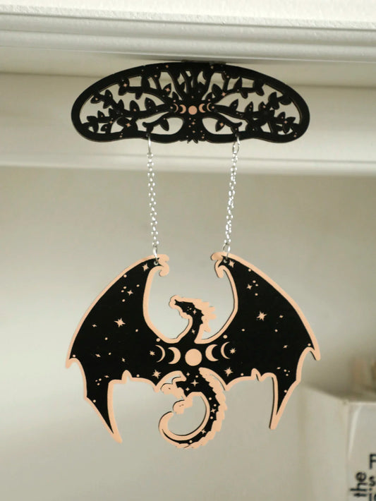 Black Wooden Dragon Mobile with Crescent Moon Phases