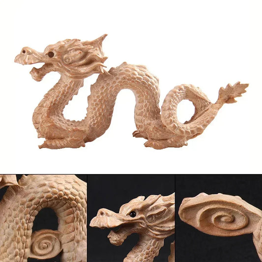 Feng Shui Carved Natural Wood Dragon Statue – Lucky 2024 New Year Decoration