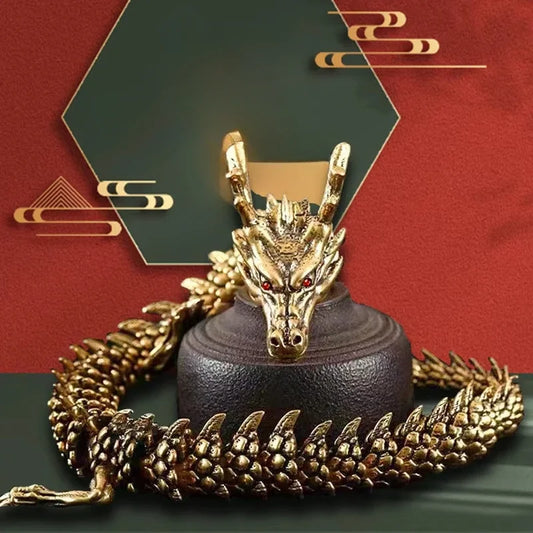 3D Dragon Statue Ornament – Movable Joints, Antique Brass Finish, Lucky Dragon for Home & Office Décor