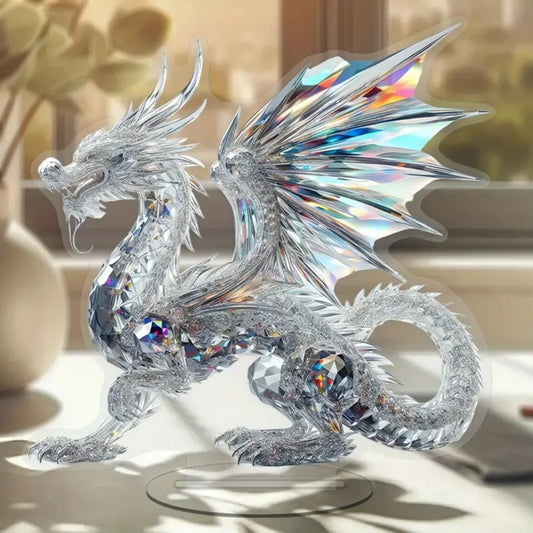 Acrylic White Crystal Dragon Statue – 2D Flat Figurine for Home & Office Decor