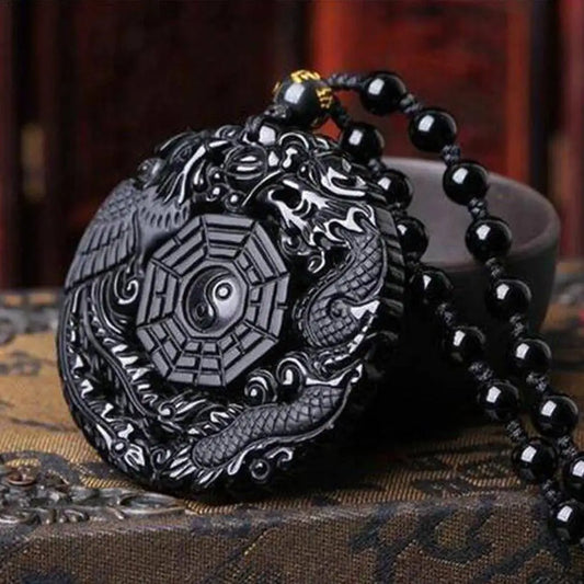 Natural Black Obsidian Hand-Carved Chinese Dragon Phoenix Amulet – BaGua Necklace for Men & Women