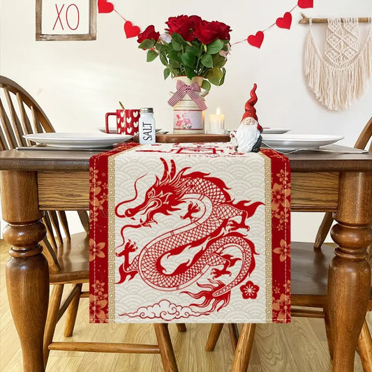 Spring Festival Year of Dragon Linen Table Runner – Happy Chinese New Year 2024 Dining & Party Decoration