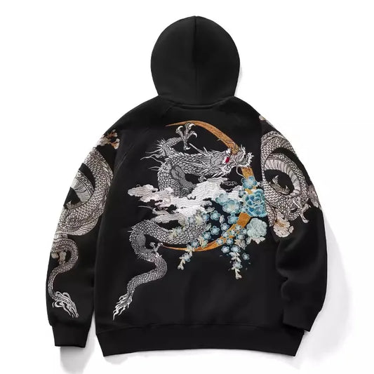 Makuluya Hoodies – Yokosuka Black Dragon & Phoenix Suzaku Embroidered Pullover with Sakura Design