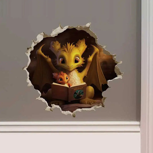 Dragon Parent and Child Reading Wall Hole Decal – Mouse Hole Wall Sticker for Bedroom, Entryway & Living Room Decoration