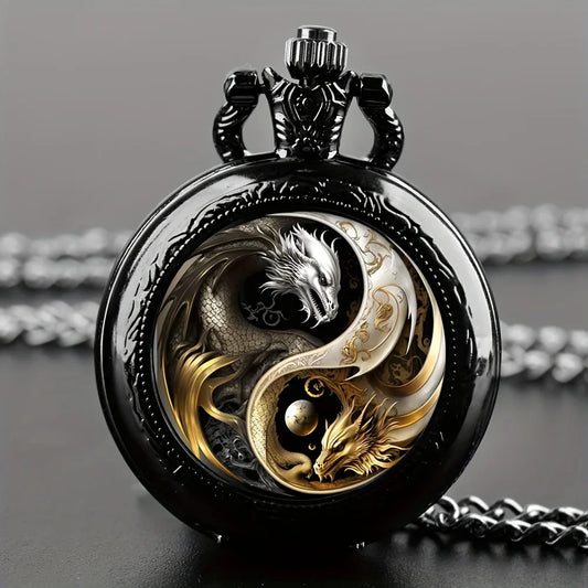 Vintage Inspired Double Dragon Pocket Watch – Dual-Tone Gold & Silver with Precise Quartz Movement
