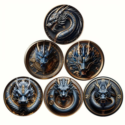 Set of 6 Chinese Dragon Pattern Wooden Coasters