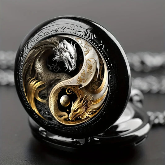 Vintage Inspired Double Dragon Pocket Watch – Dual-Tone Gold & Silver with Precise Quartz Movement