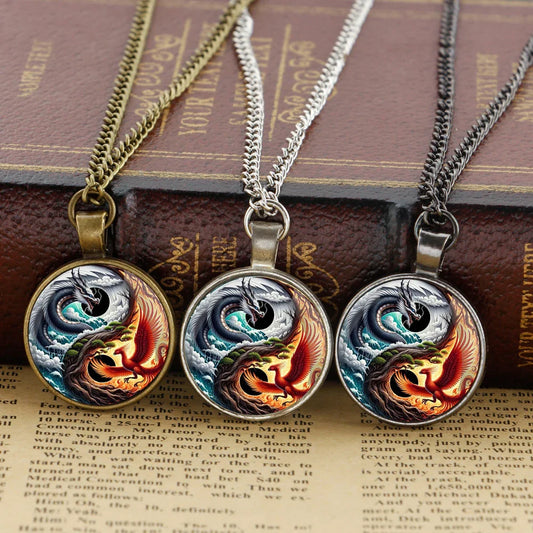 Retro Yang Phoenix and Yin Dragon Glass Dome Pendant Necklace – Handmade Chain Jewelry for Men & Women