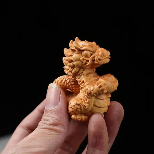 Natural Wooden Small Fire Dragon Ingot Fortune Statue