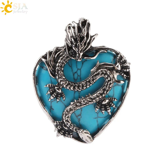 CSJA Double Dragon Necklace – Natural Stone Heart Crystal Pendant Amulet for Men & Women | Halloween Jewelry Gift H238